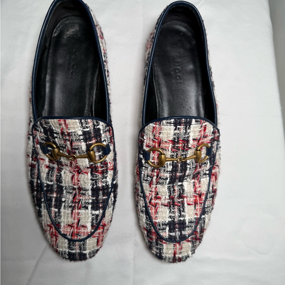 Gucci “Jordaan” Tweed Horsebit Loafers 36.5 | Red-Navy Plaid